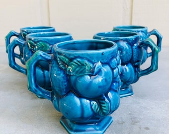 5 Vintage Blue Inarco Mood Indigo Cups, Ceramic Fruit Mugs, Tea Cup Coffee Cup, Serving Drinkware Kitchen Decor, Morning Coffee Cup, #CE0476