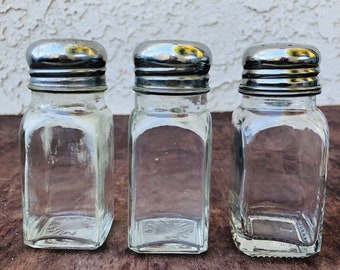 Three Vintage Stainless Steel and Glass Salt and Pepper Shakers, 4" Retro Salt Pepper Cellars, Café Table Décor, Chef Kitchen Gift, #CE0540