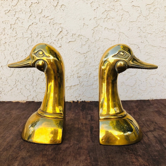 Vintage Heavy Brass Duck Head Bookends Pair, 1950s Duck Book Ends