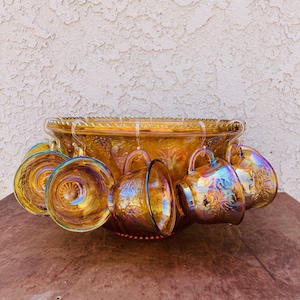 Mid Century Carnival Glass Punch Bowl Set including 12 Cups, Iridescent Summer Serving Decor, Retro Party Tableware Gift For Her, #CE01209