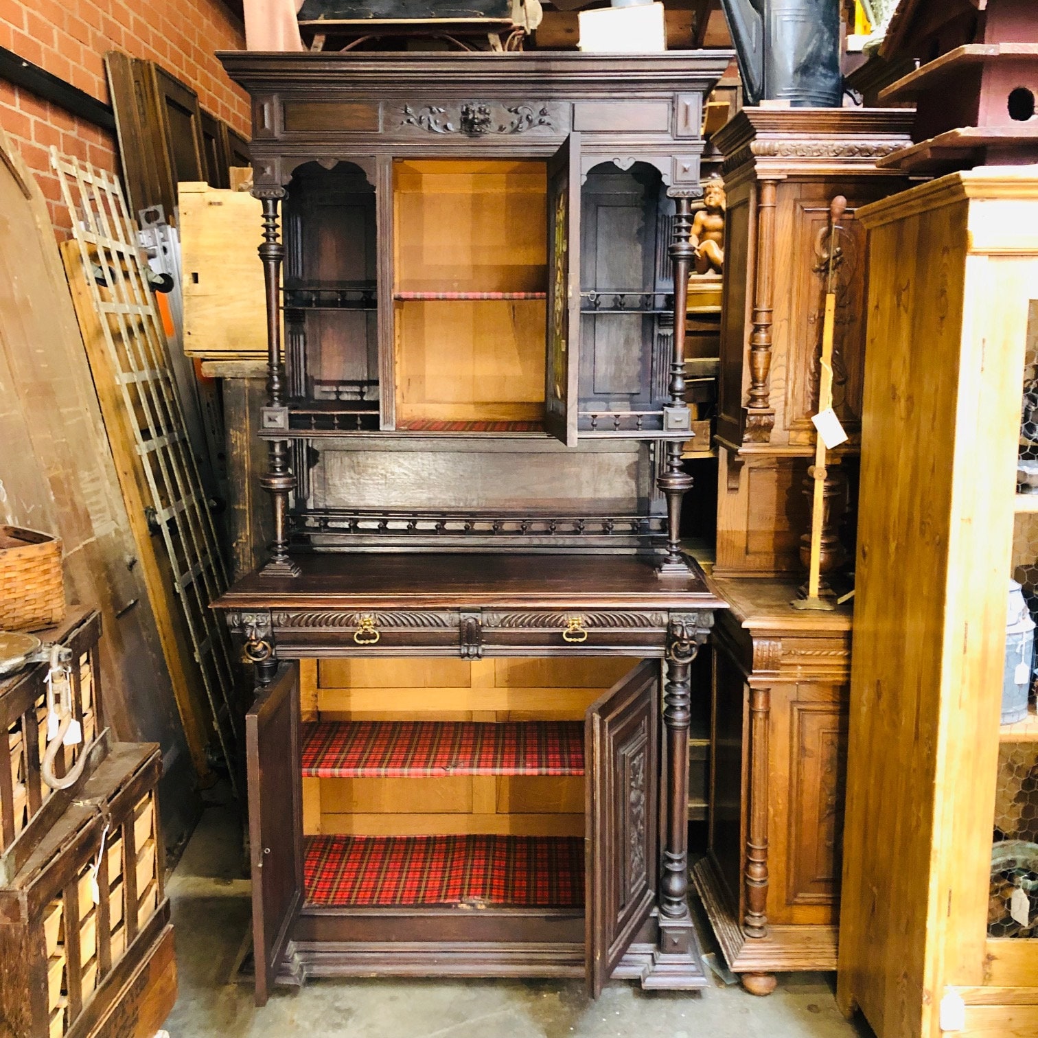 Antique Carved Oak Sideboard: Country French Leaded Glass Cabinet