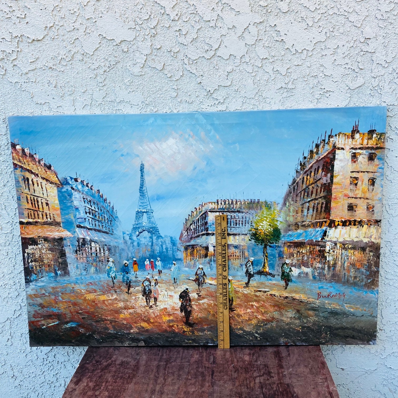 サイン入りヴィンテージパリの油絵2枚セット：エッフェル塔、パリの