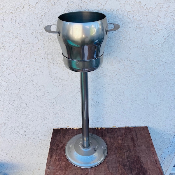 Vintage Ice Bucket with Stand, Retro Champagne Wine Bottle Cooler, Barware Mancave Mid-Late 20th Century Bar Decor, Mixed Metal, #CE0903