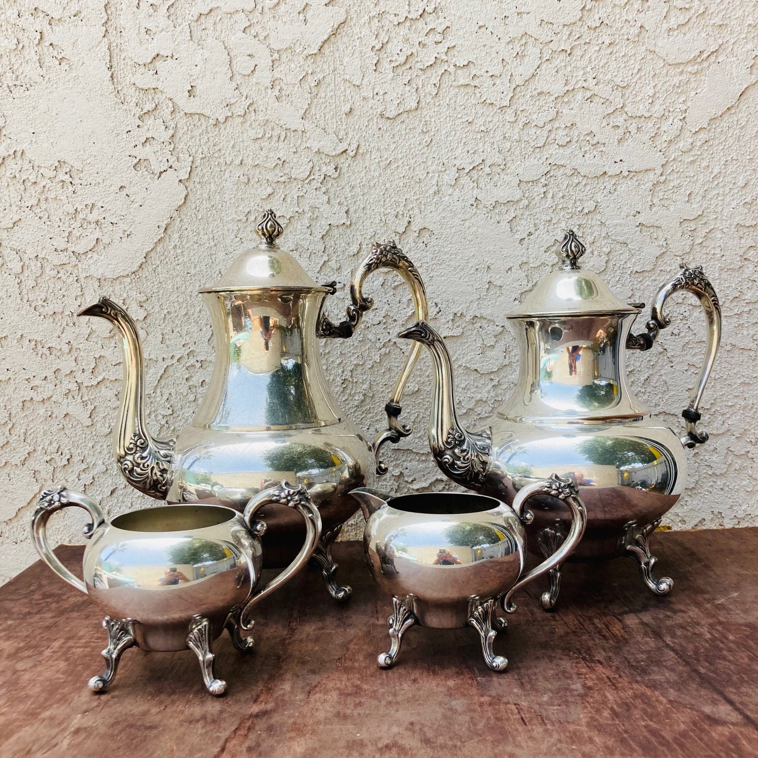 Vintage Silver On Copper 4 Piece Tea Set, Antique Coffee 1920S