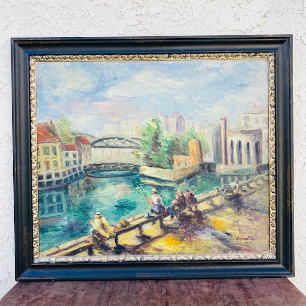 Durand Louis Original Signed Paris Oil Painting "Le Canal St Martin", Mid Century French Art, Vintage France Parisian Artwork, #CE0984