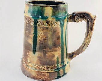 Vintage Handmade Glazed Pottery Tankard - 1960s Earthenware Mug