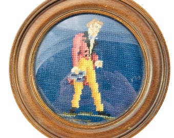 Antique Victorian Needlepoint Wall Art: Gentleman Portrait, Walnut Frame, 0230JW