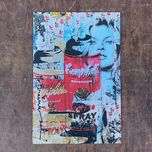 Cartão postal do Sr. Brainwash com lata de tomate Campbells e Kate Moss, LA Art Show, arte de grafite pop de rua, Banksy, arte de prateleira de parede, arte moderna, nº 1121