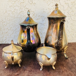 Vintage Leonard Silverplate 4 Piece Tea Set, Antique Coffee Set, Silverware, Silver Jugs Creamer Sugar Pot, Markers Mark, #CE0577