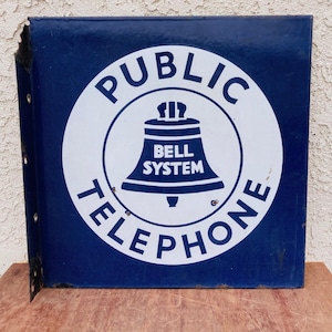 Original Vintage 18&quot; Public Telephone Bell System Sign, Enamel Porcelain Advertising Sign, 1940s USA Memorabilia, Industrial Decor, Mancave