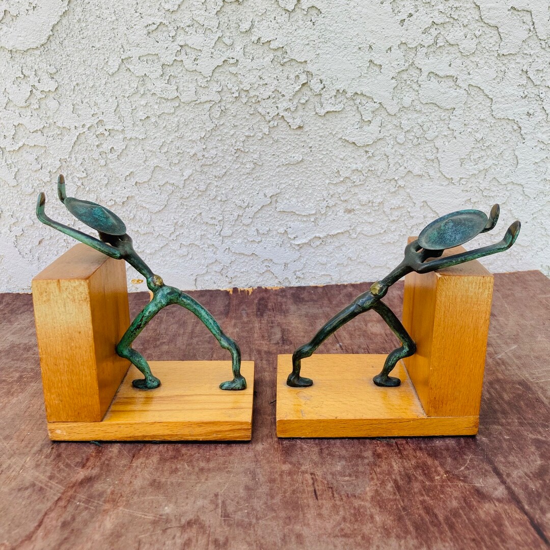 Mid Century Bronze Asian Man Bookends: Art Deco Blond Wood Shelf Decor ...