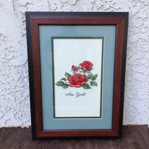 Vintage Needlepoint with Wood Frame and State Plant of New York Rose, Wall Art, Retro Home Decor Gift, Hand Stitched, #CE0493