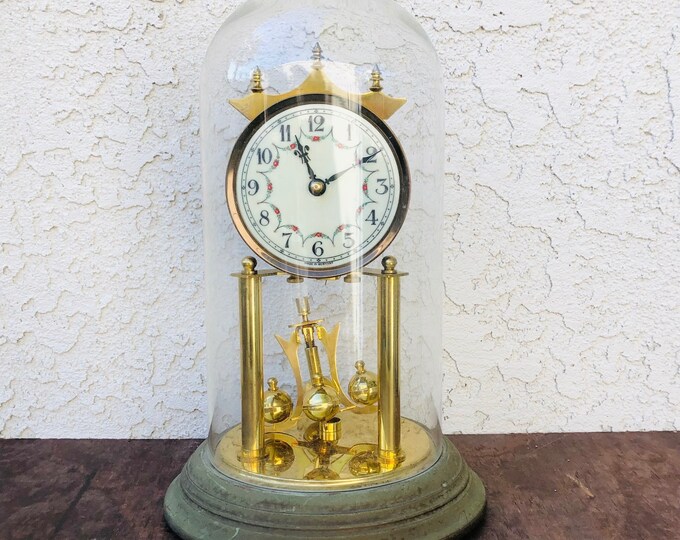 Vintage Dome German Mantel Clock, Made in Germany, Antique Glass Dome