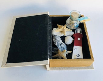 Coastal Book Shaped Box, Seaside Beach Ocean Memorabilia, Beach Trinket Box, Seashells, Starfish, Sponge, Lighthouse, Beach Lover, #CE0088