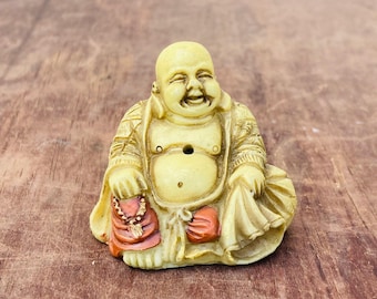 Vintage Laughing Buddha Statue Incense Holder: Resin Yogi Monk Altar Decor