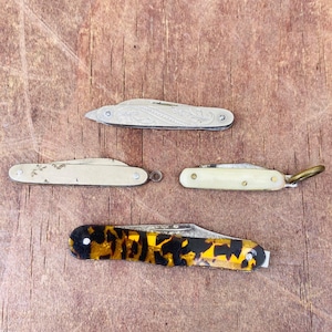 Collection of 4 Antique Miniature Pocket Knives Job Lot, Early 1900s Pen Knife 1&quot;-2&quot;, Faux Tortoiseshell Mother of Pearl Penknife #CE01169