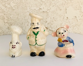 3 Vintage Ceramic Salt Pepper Shakers Fat Italian Chef Mouse Nasco Vintage Shakers, Stoneware Ceramic Crocks, Vintage Keepsake Gift, #CE0373