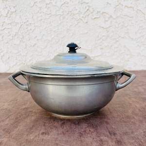 Vintage French Pewter Lidded Serving Dish with Handles, Rose Design International, Silver Plate Dish, French Country Table Decor, #CE0845