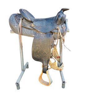 Vintage 14&quot; Leather Horse Saddle with Blinders Bridle Stirrups and Stand, Western Ranch Home, Beautiful Detailing, Farmhouse Decor,  #JW0444
