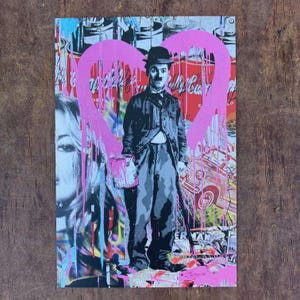 Cartão postal do Sr. Brainwash de Charlie Chaplin, LA Art Show, arte de grafite pop de rua, Banksy, arte de prateleira de parede, presente de arte moderna para ele ou ela #1120
