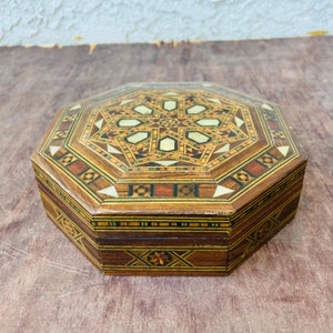 Vintage Moroccan Marquetry Wood Inlay Jewelry Box, Inlaid Marquetry Trinket Box, Desk Organizer, Dressing Table Decor, Condiments,  #CE0749