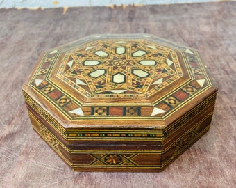 Vintage Moroccan Marquetry Wood Inlay Jewelry Box, Inlaid Marquetry Trinket Box, Desk Organizer, Dressing Table Decor, Condiments,  #CE0749