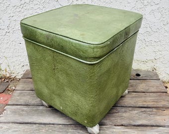 Vintage Mid Century Modern Green Vinyl Storage Ottoman Hassock, MCM Footstool Seat #CE01328