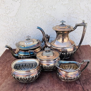 Wallace Ornate Georgian 5 Piece Tea Set, Antique Coffee Set, Vintage Silver Jugs Creamer Sugar Pot, Markers Mark, Downton Abbey, #CE0809