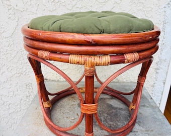 Vintage Boho Bentwood Rattan Ottoman Stool w/ Cushion #CE1320