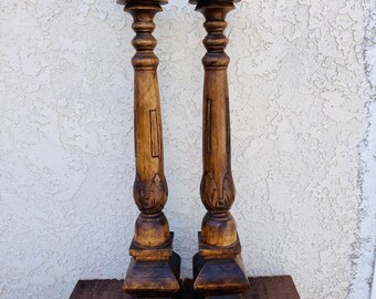 Pair of Tall Wooden Hand Carved Floor Candle Holders 30 inch, Vintage Large Pillar Solid Oak Candle Stick Holders, Accent Piece, #CE0992