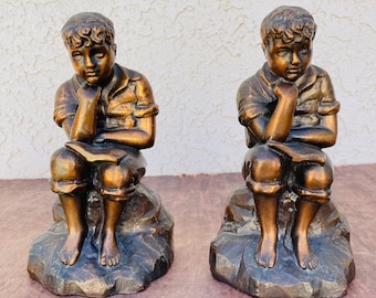 Vintage 1930s Boy Reading Bookends: Bronzey Cast Metal, Made In USA