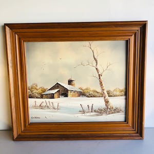 Original Signed Oil Painting Rustic Winter Country Barn Scene