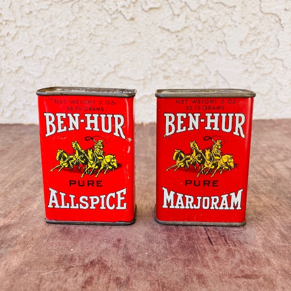 2 Vintage Ben Hur Spice Tins, All Spice Marjoram, Red & White Spice Tin, Antique Metal Spice Tins, Vintage Storage, Kitchen Decor, #CE0720