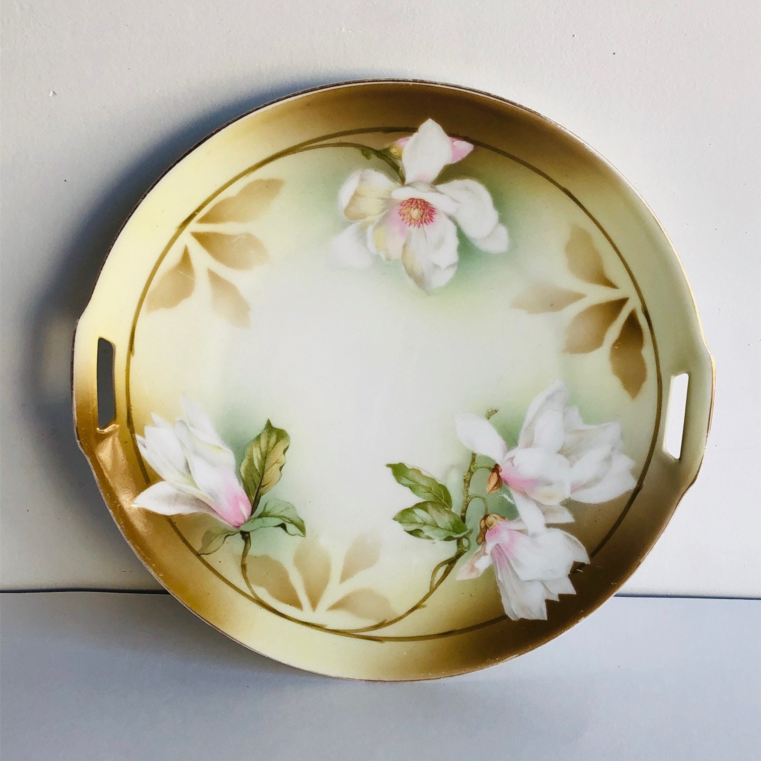 Antique Serving Plate with Handles, Hand Painted Gold Floral Pattern, Made In Germany, Vintage Decorative China, 1900s Table Decor, #CE0121r