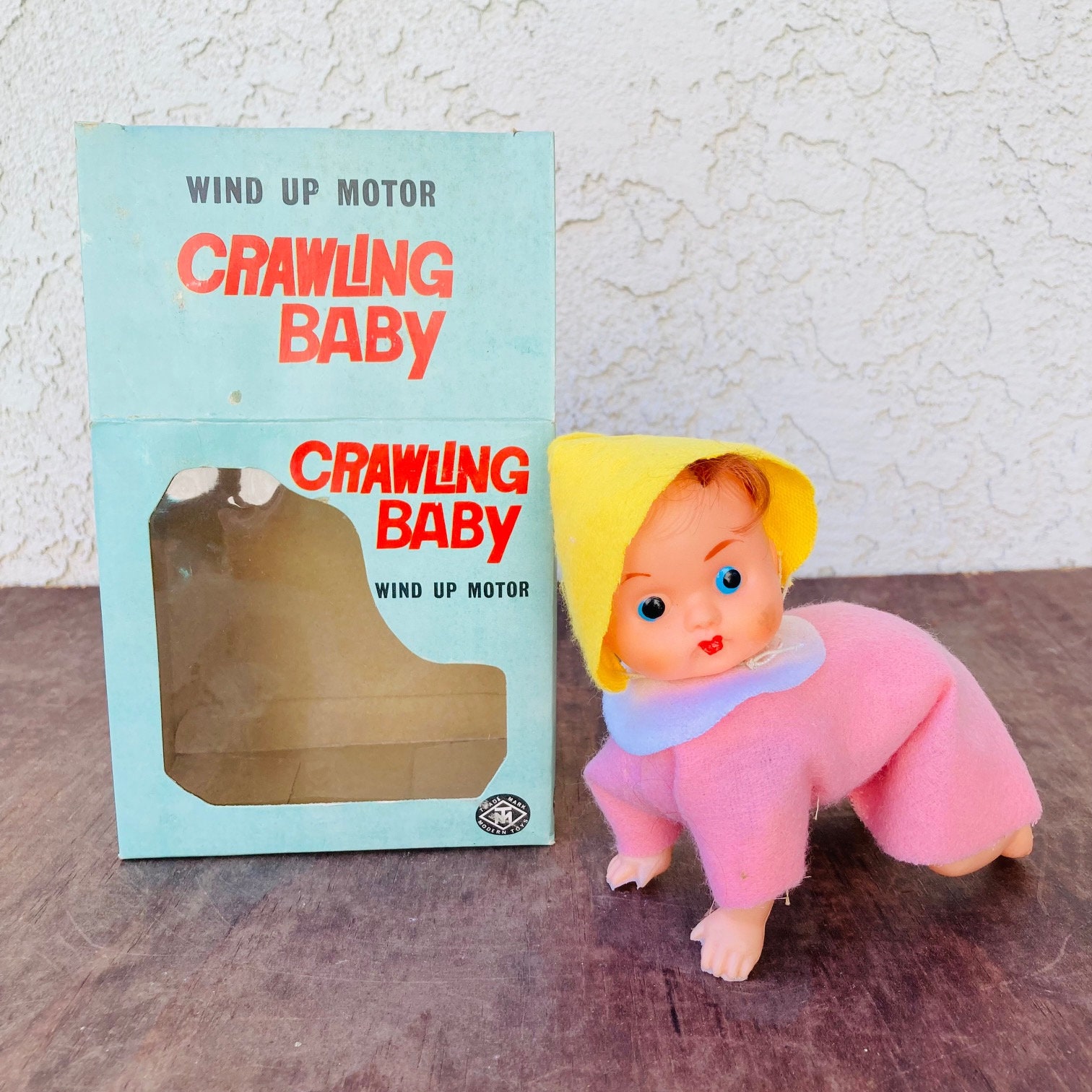 Vintage Crawling Baby Toy Pink Made in Japan Clockwork Wind up