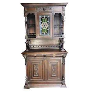 Antique Sideboard, Antique Cabinet, Carved Oak Cabinet, Leaded Glass, Country French Cabinet, 1800s, Vintage Dining Room Cabinet, 0150JW