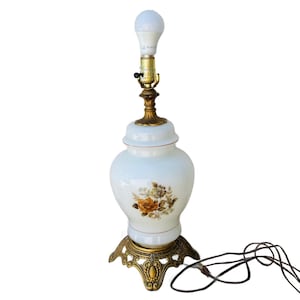Vintage 20&quot; White Glass Flower Pattern Electric Lamp #2, Nightstand Dresser Bedside Table Hallway, Hand Painted Roses Retro Lighting, CE0664