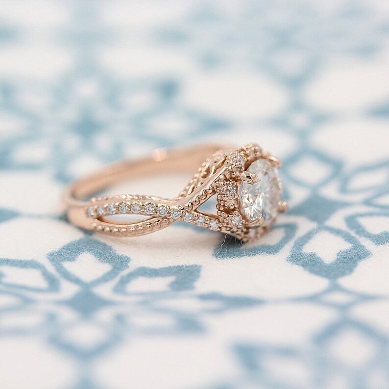 Antique Diamond Ring in 10KT Rose Gold Vintage Diamond Ring,Gift For Her 2.00 Ct White Round Moissanite Halo Wedding Ring