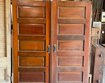 Heart Pine Pocket Doors | Natural Wood Finish | 5 Panel | Original door and Roller Hardware | Door Pair | 1.375" x 32.75" x 79"