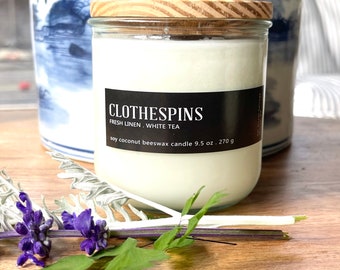 Clothespin | Soy Candle | White Tea Candle | Fresh Linen Candle | Farmhouse Candle I Summer Candle