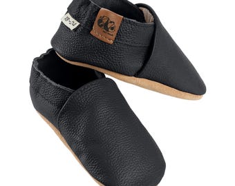 Leather Baby Crawling Shoes, Black – Soft, Non-Slip First Walking Shoes | Leather Baby Shoes for Daycare & Home | Baby Shower Gift