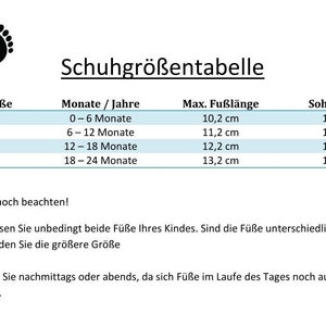 May include: A chart showing shoe sizes for babies and toddlers, with corresponding foot length and sole length measurements in centimeters. The chart includes age ranges in months, from 0 to 24 months.