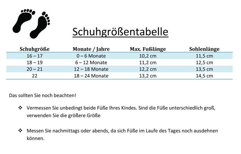 May include: A chart showing shoe sizes for babies and toddlers, with corresponding foot length and sole length measurements in centimeters. The chart includes age ranges in months, from 0 to 24 months.