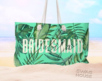 Personalized Palm Leaf Beach Bag, Tropical Canvas Tote with Rope Handles