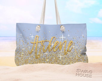 Personalized Sparkly Gold Glitter Beach Bag, Canvas Beach Bag with Rope Handles