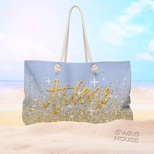 Personalisierte Sparkly Gold Glitter Strandtasche, Canvas Strandtasche mit Seilgriffen