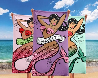 Gepersonaliseerde zeemeermin-strandhanddoek, aangepaste naamhanddoek