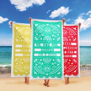 May include: Three colorful beach towels with a traditional Mexican paper cutting design. The towels feature the text "Happy Cinco De Mayo", "Mr. and Mrs. Gordon 08.3.2019", and "Anna & Alejandro 2022" in white.