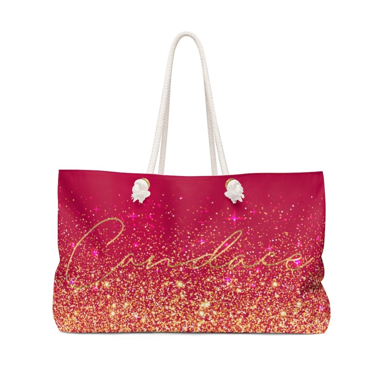 Personalized Gold Bridesmaid Gift Sparkly Custom Name Girls Trip Personalized Beach Bag Weekender Bag Canvas Bag Sparkles Glitter