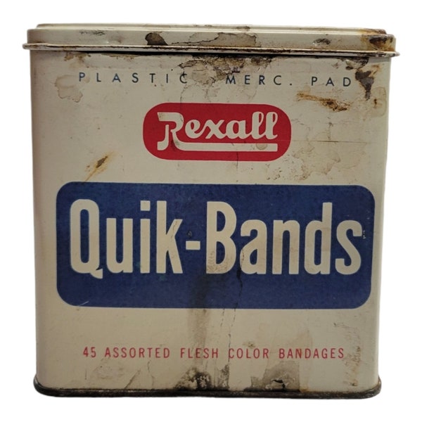 Vintage Rexall Quik Bands Metal Tin Box Pro Cap Vendajes Vacío Retro Primeros Auxilios